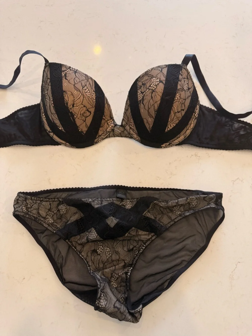 Adonna Black Lace Push-Up Bra (36c) and Bikini Set (m) with Nude Underlay - Picture 1 of 5